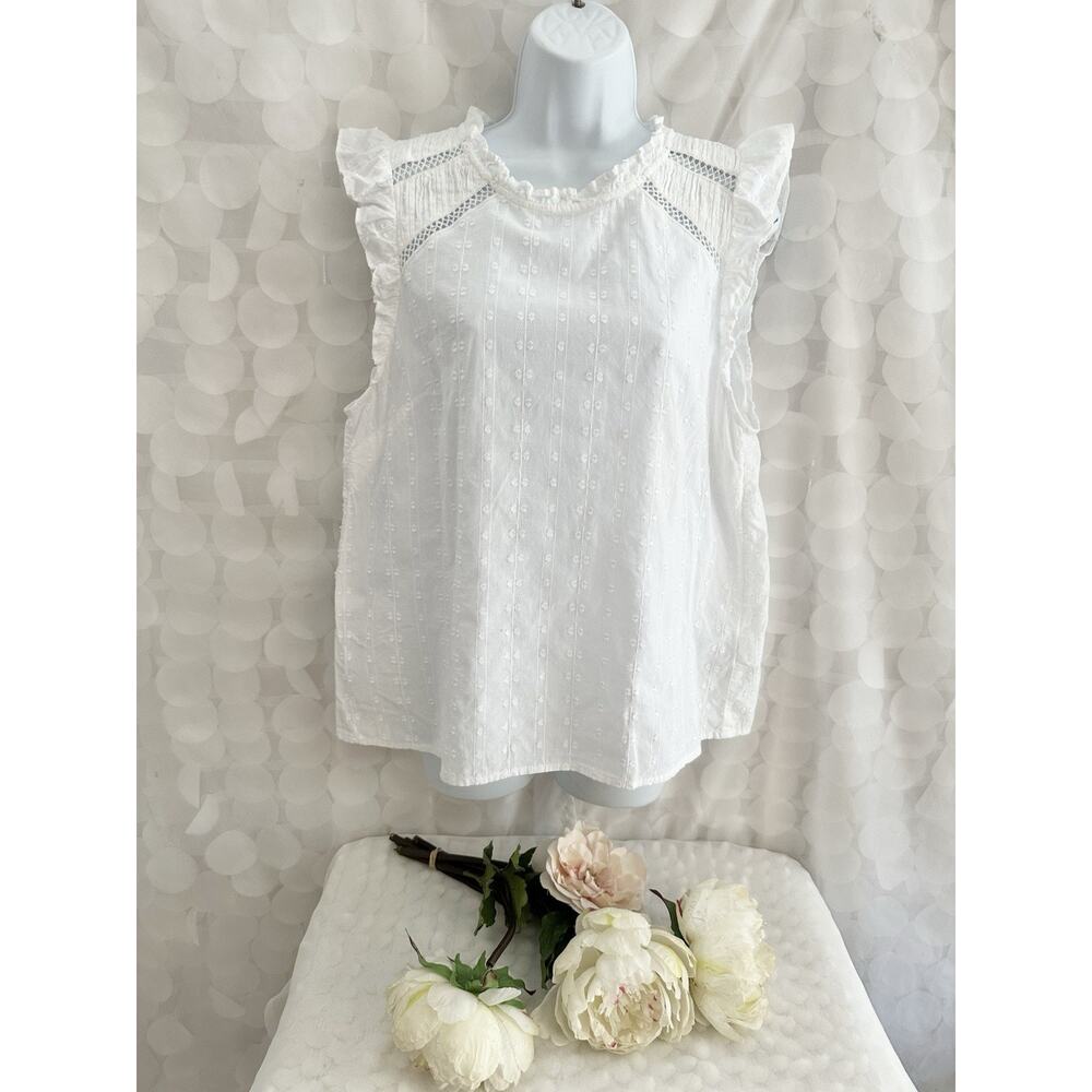 J. Crew Flutter Sleeve Cotton Clip Top Women’s Large White Ruffle High Neck Lace